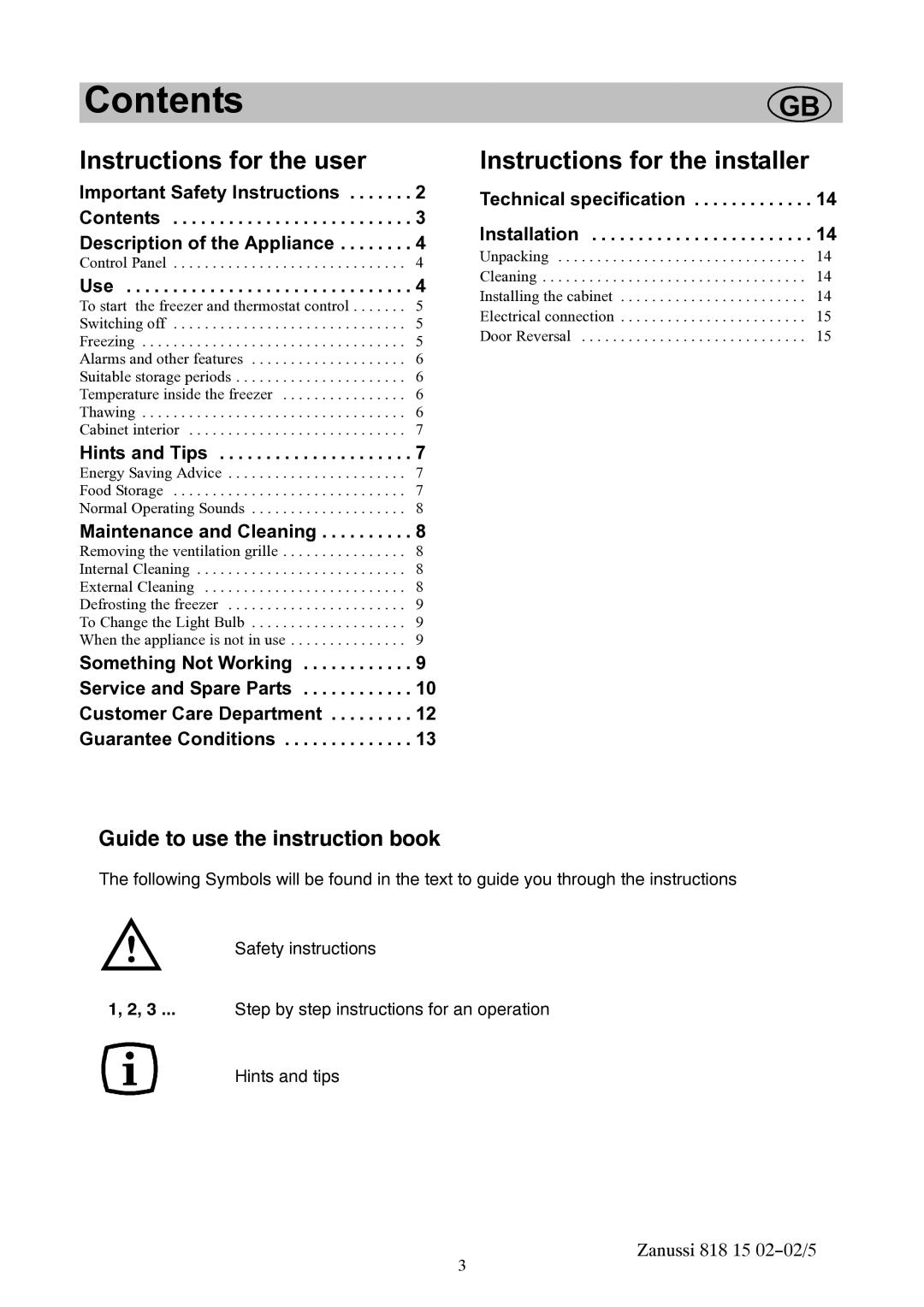 Zanussi ZVR11R manual Contents 