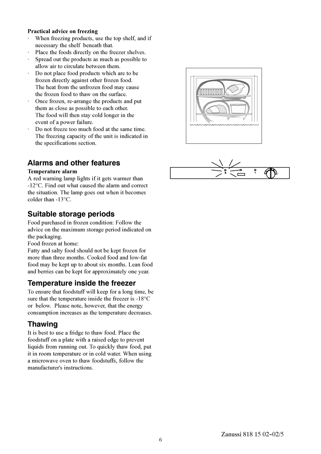 Zanussi ZVR11R manual Alarms and other features, Suitable storage periods, Temperature inside the freezer, Thawing 