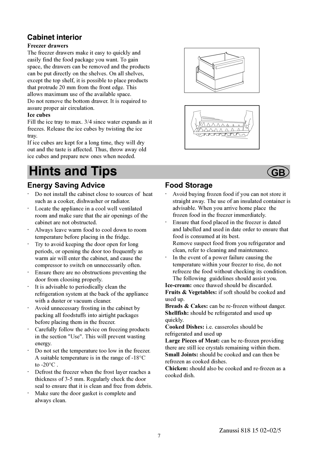 Zanussi ZVR11R manual Hints and Tips, Cabinet interior, Energy Saving Advice, Food Storage 