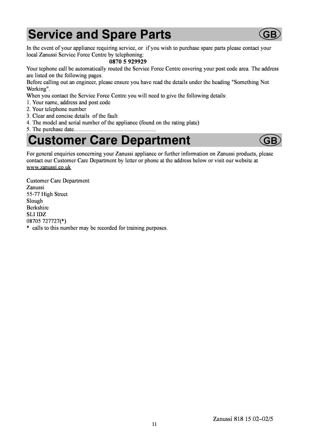 Zanussi ZVR11R manual Service and Spare Parts, Customer Care Department, 0870, Zanussi 818 15 02--02/5 
