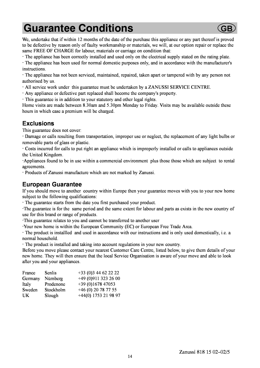 Zanussi ZVR11R manual Guarantee Conditions, Exclusions, European Guarantee, Zanussi 818 15 02--02/5 