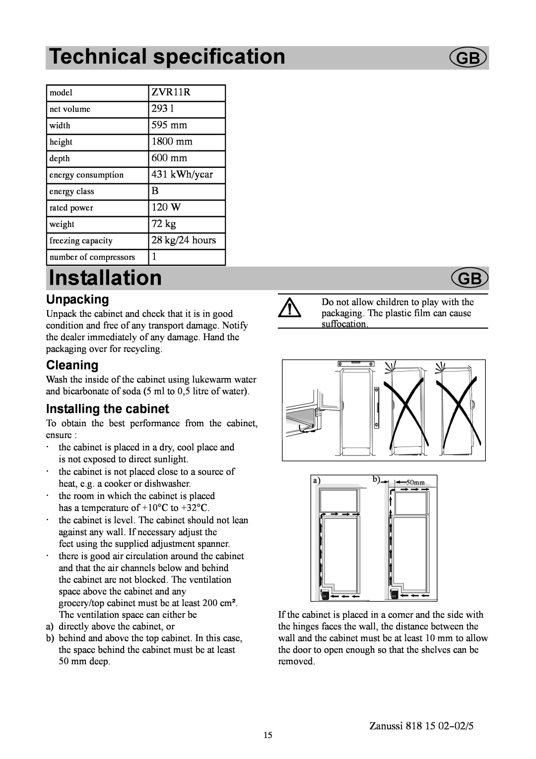 Zanussi ZVR11R manual Technical specification, Installation, Gb Gb, Unpacking, Cleaning, Installing the cabinet 