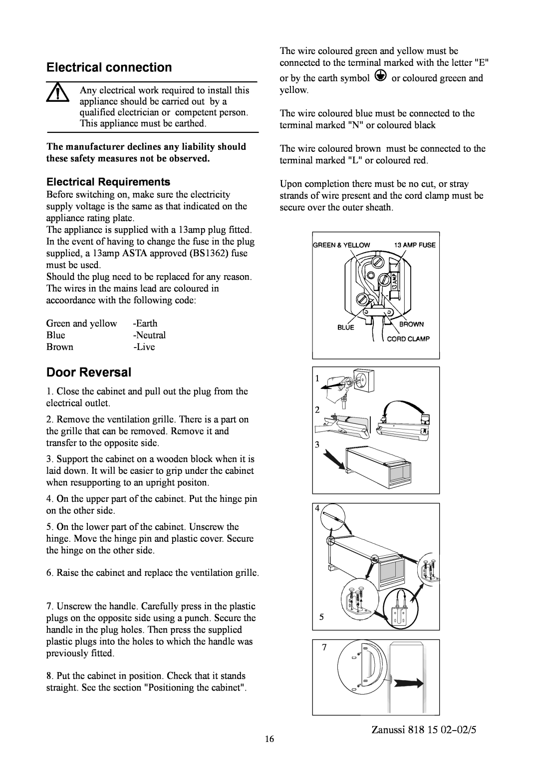 Zanussi ZVR11R manual Electrical connection, Door Reversal, Electrical Requirements, Zanussi 818 15 02--02/5 