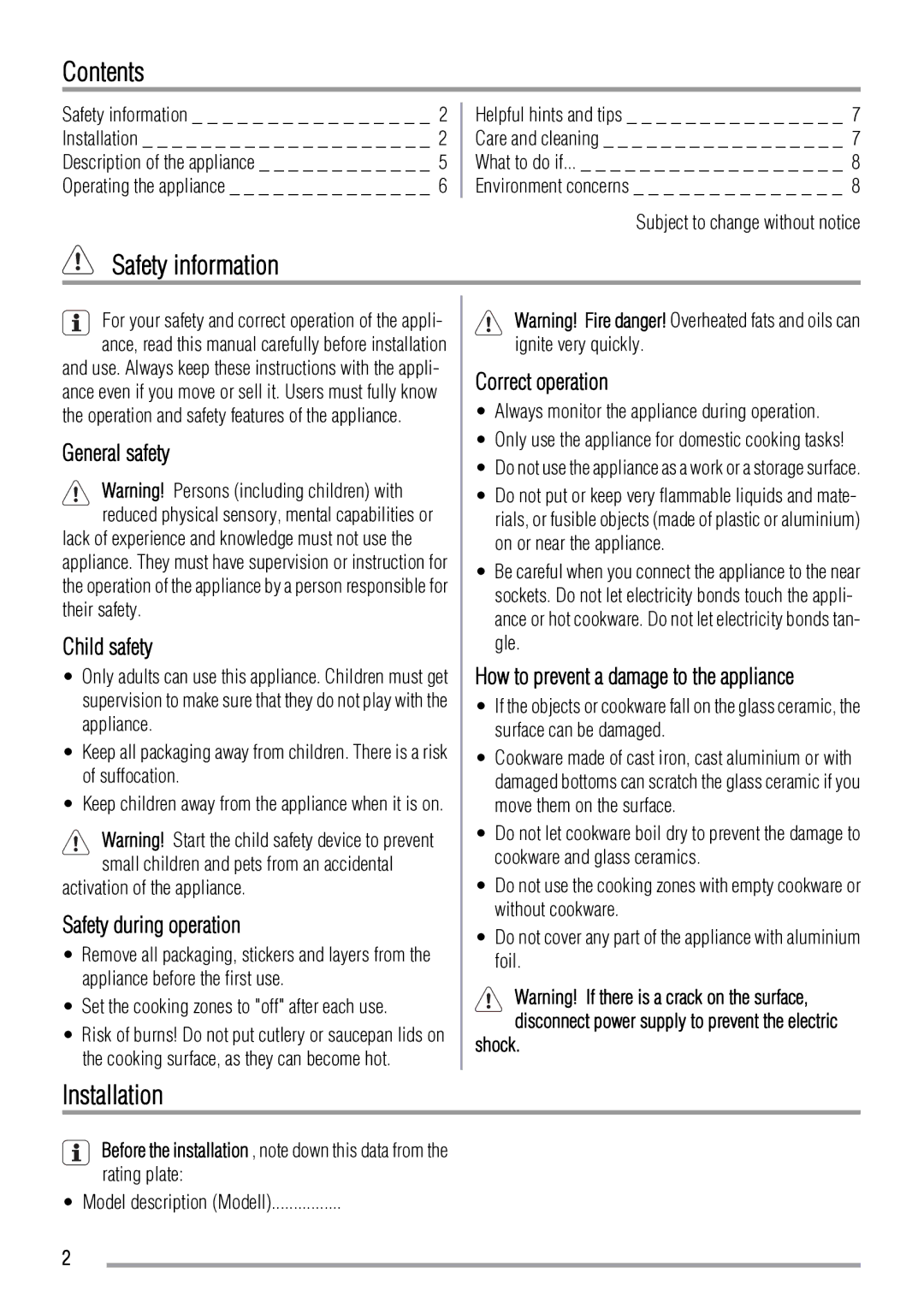 Zanussi ZVT65X manual Contents, Safety information, Installation 