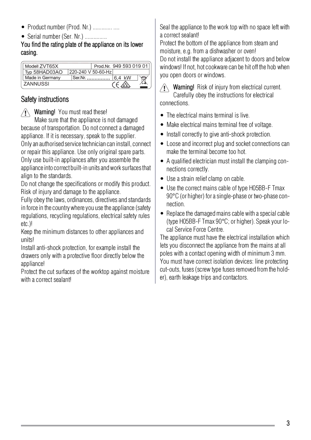 Zanussi ZVT65X manual Safety instructions 