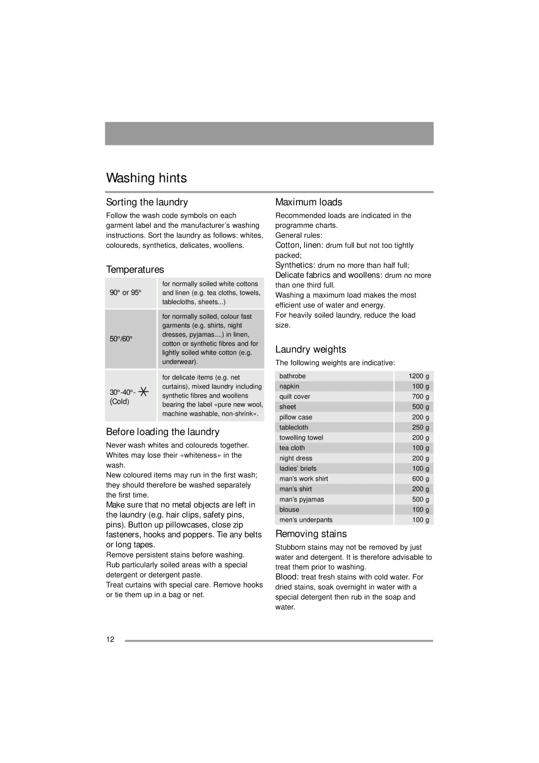 Zanussi ZWF 16581 user manual Washing hints 