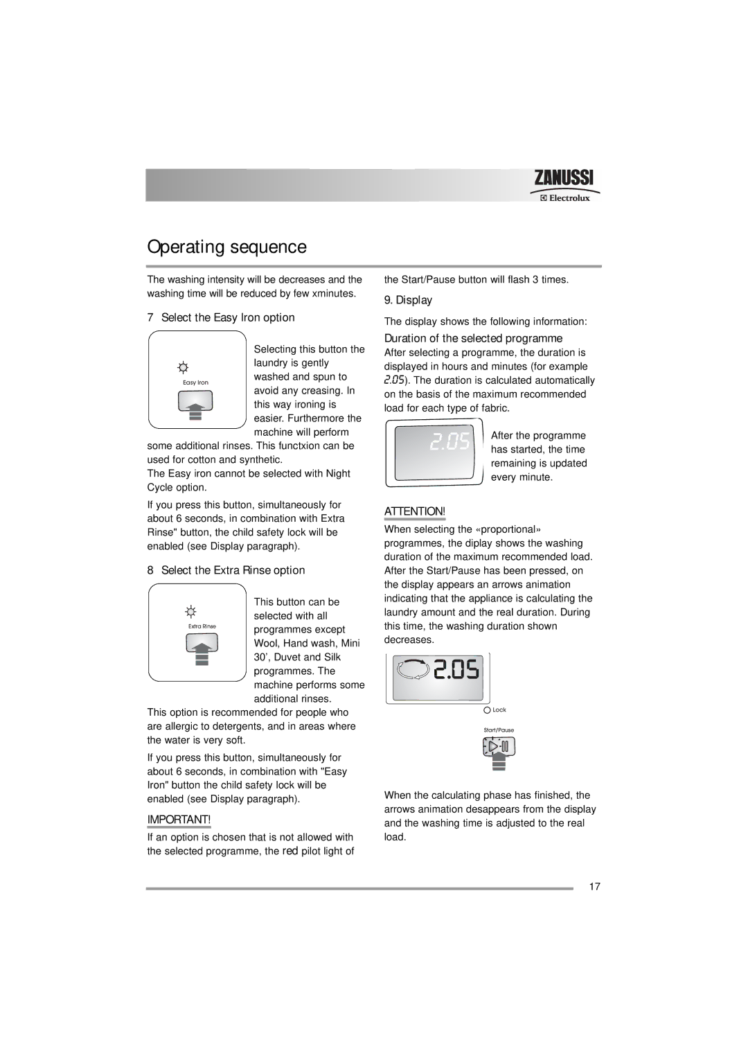 Zanussi ZWF 16581 user manual Select the Easy Iron option, Display, Select the Extra Rinse option 