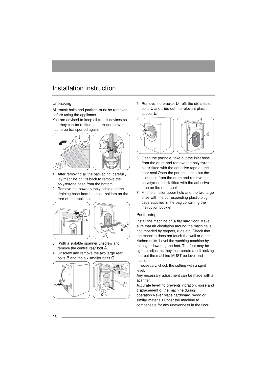 Zanussi ZWF 16581 user manual Installation instruction, Unpacking, Positioning 