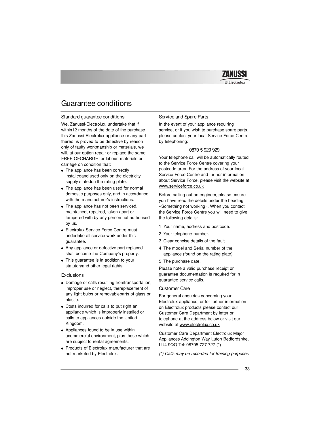 Zanussi ZWF 16581 user manual Guarantee conditions 