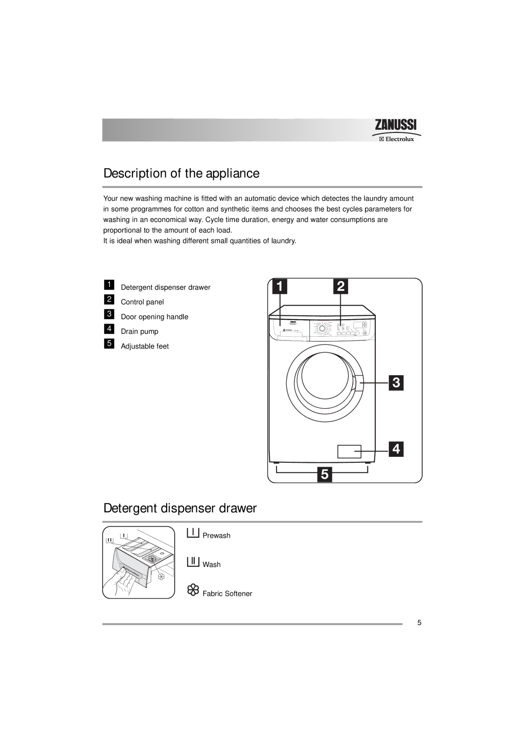 Zanussi ZWF 16581 user manual Description of the appliance, Detergent dispenser drawer 