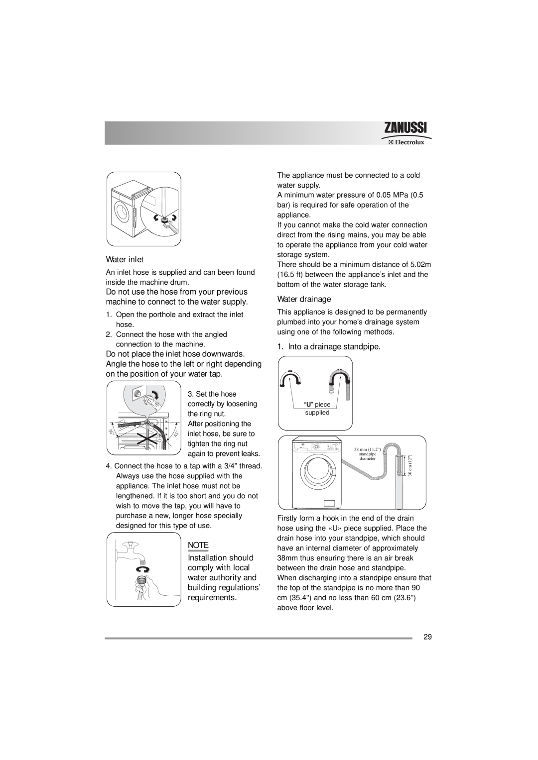 Zanussi ZWF 16581 user manual Water inlet, Water drainage, Into a drainage standpipe 