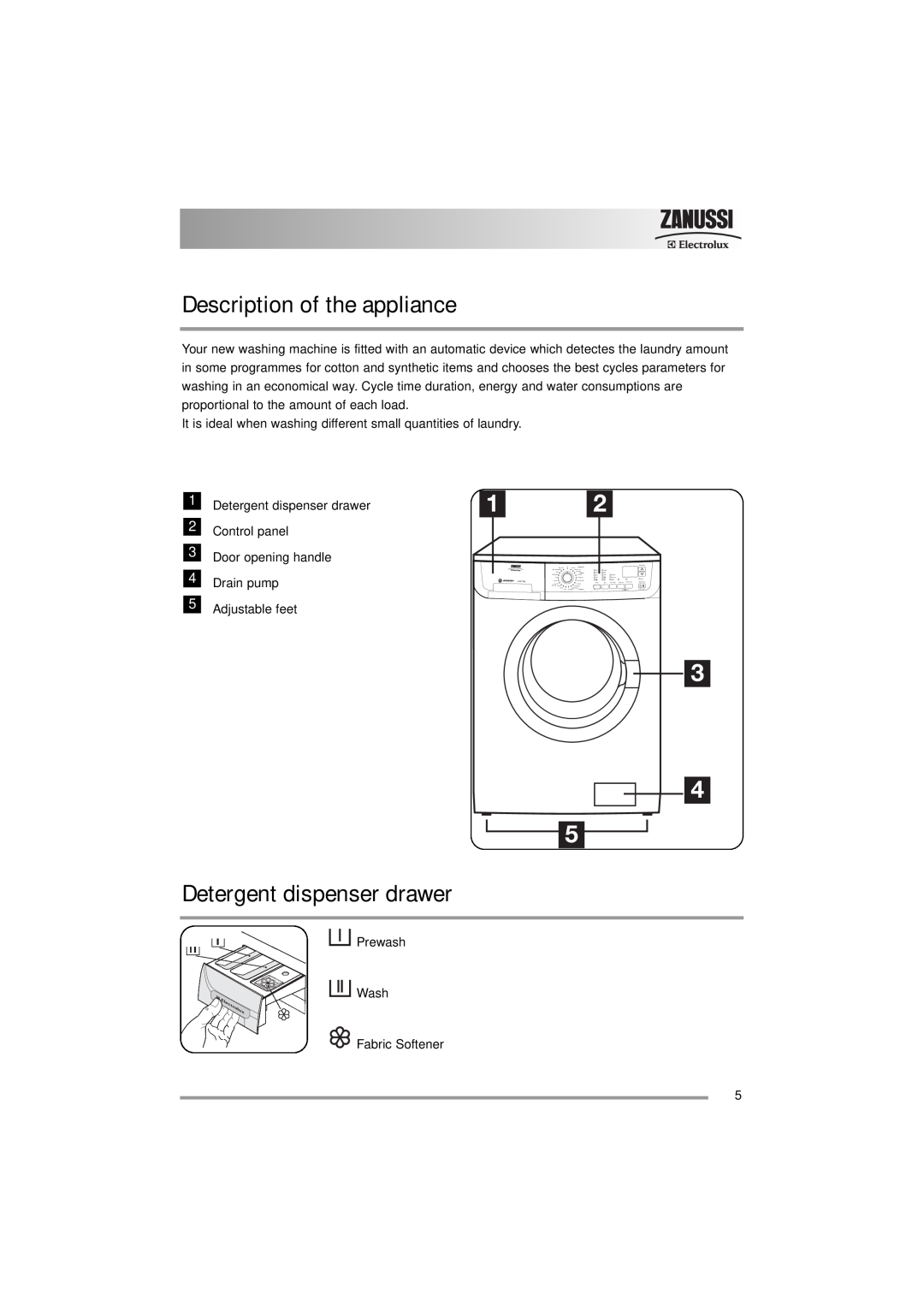 Zanussi ZWF 16581 user manual Description of the appliance, Detergent dispenser drawer, Drain pump, Adjustable feet 