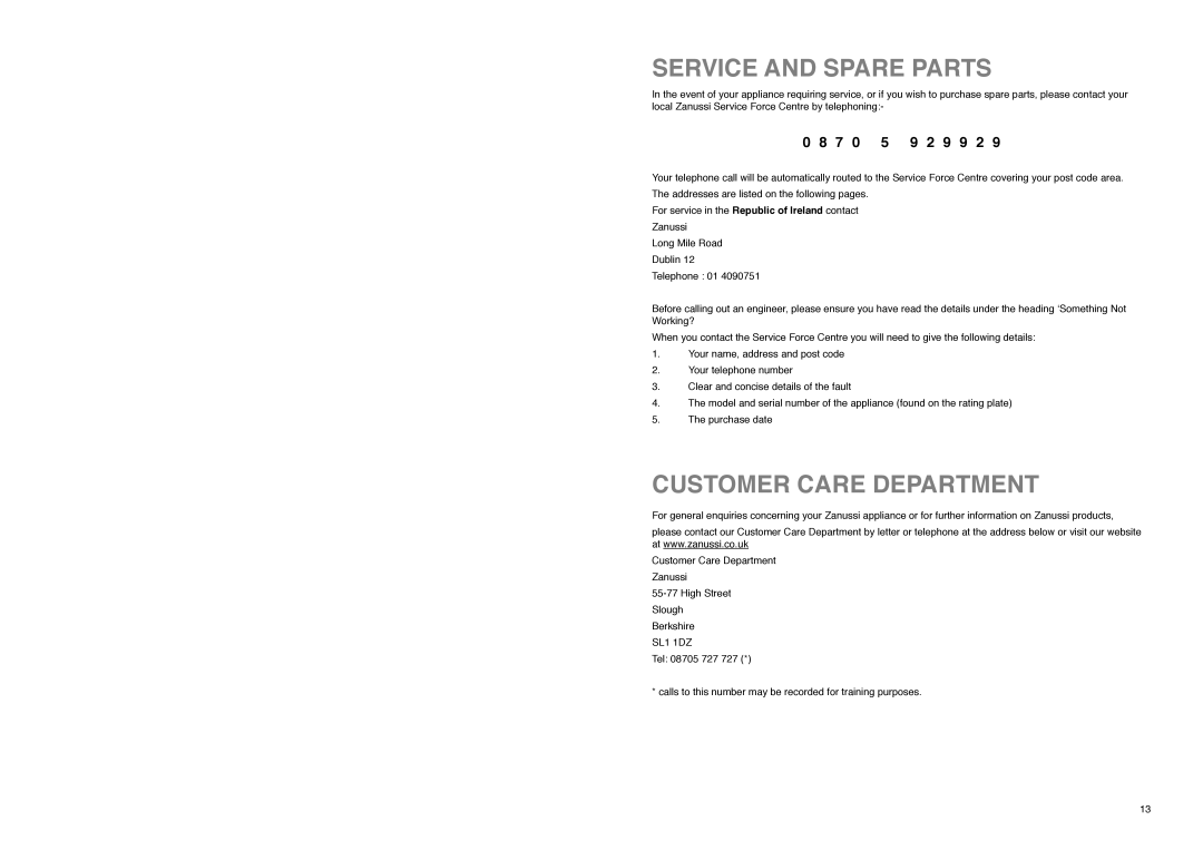 Zanussi ZX 55/4 SI, ZX 55/4 SA, ZX 55/4 W manual Service and Spare Parts, Customer Care Department, 9 9 2 