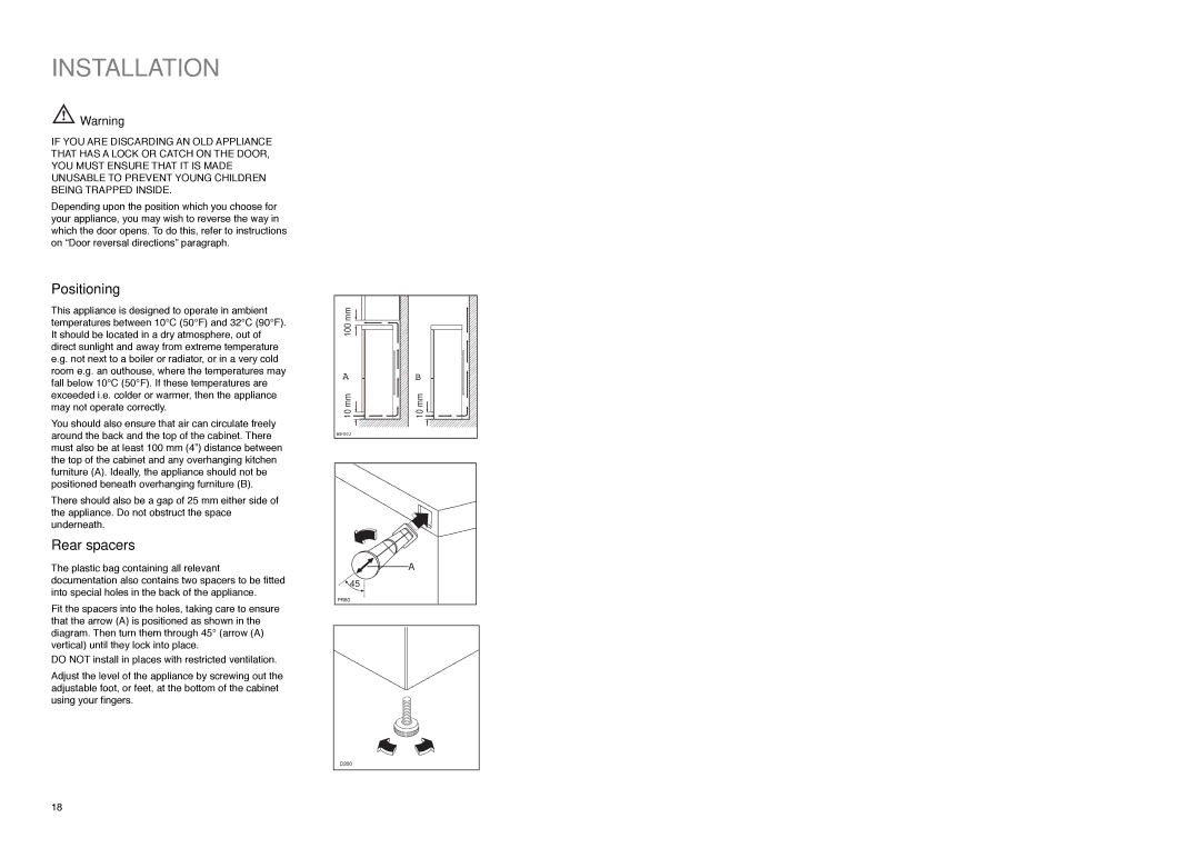 Zanussi ZX 55/4 SA, ZX 55/4 SI, ZX 55/4 W manual Installation, Positioning, Rear spacers 