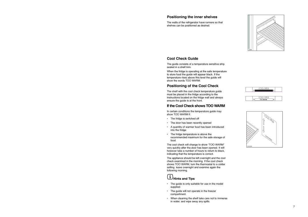 Zanussi ZX 55/4 SI, ZX 55/4 SA, ZX 55/4 W Positioning the inner shelves, Cool Check Guide, Positioning of the Cool Check 