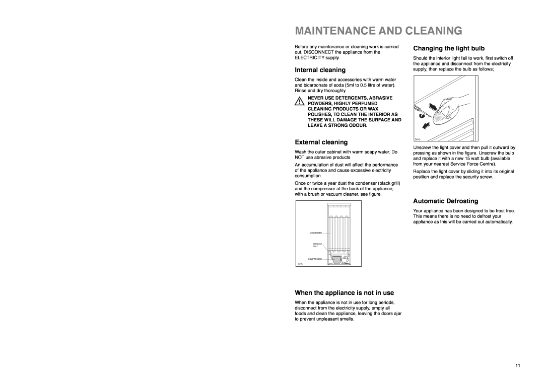 Zanussi ZX 55/4 W, ZX 55/4 SA manual Maintenance And Cleaning, Internal cleaning, External cleaning, Changing the light bulb 