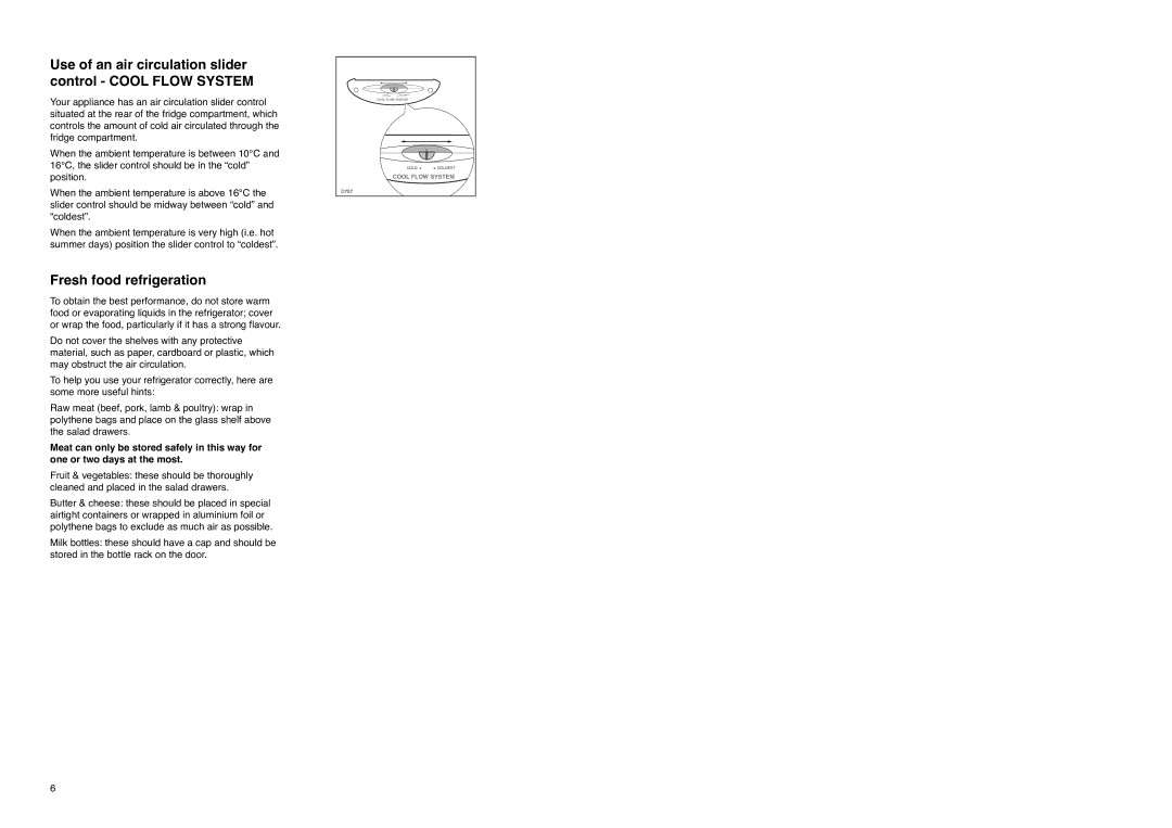 Zanussi ZX 56/4 W, ZX 56/4 SI manual Fresh food refrigeration, Use of an air circulation slider control Cool Flow System 