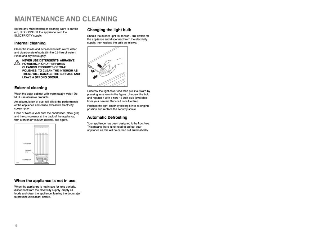 Zanussi ZX 56/4 W, ZX 56/4 SI manual Maintenance And Cleaning, Internal cleaning, External cleaning, Changing the light bulb 