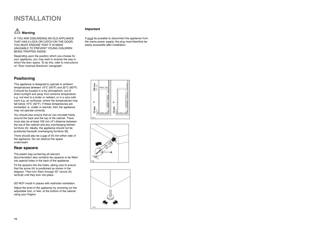 Zanussi ZX 57/3 W, ZX 57/3 SA, ZX 57/3 SI manual Installation, Positioning, Rear spacers 