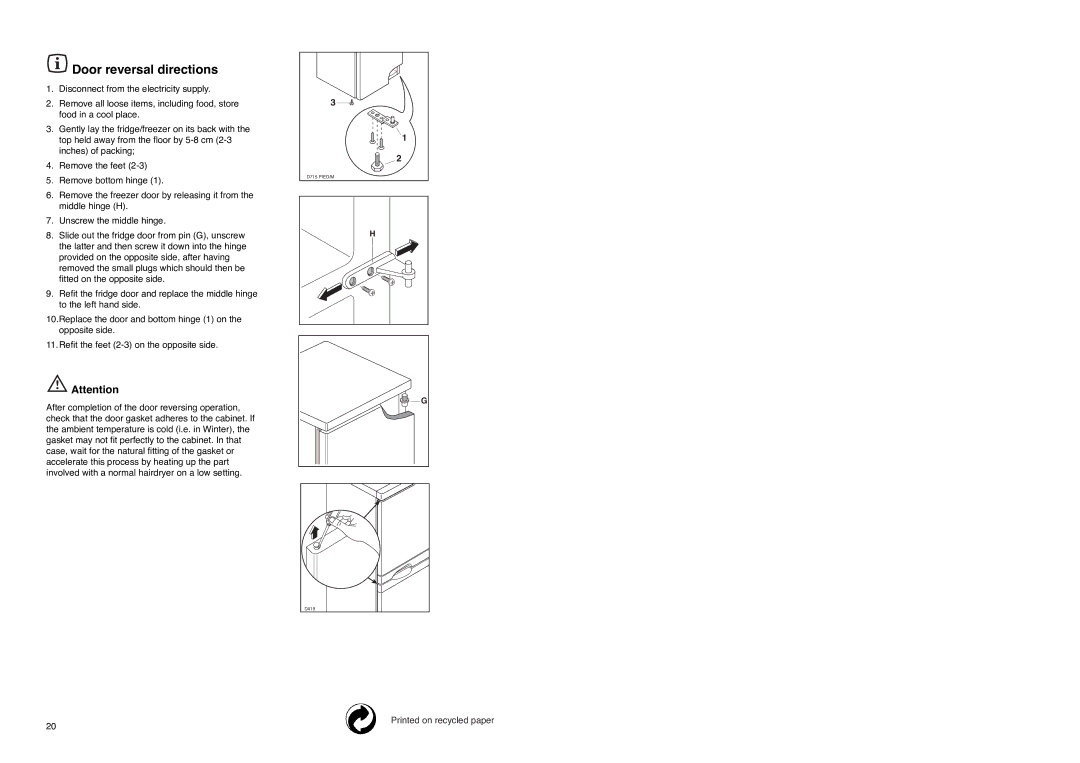 Zanussi ZX 57/3 SI, ZX 57/3 W, ZX 57/3 SA manual Door reversal directions 