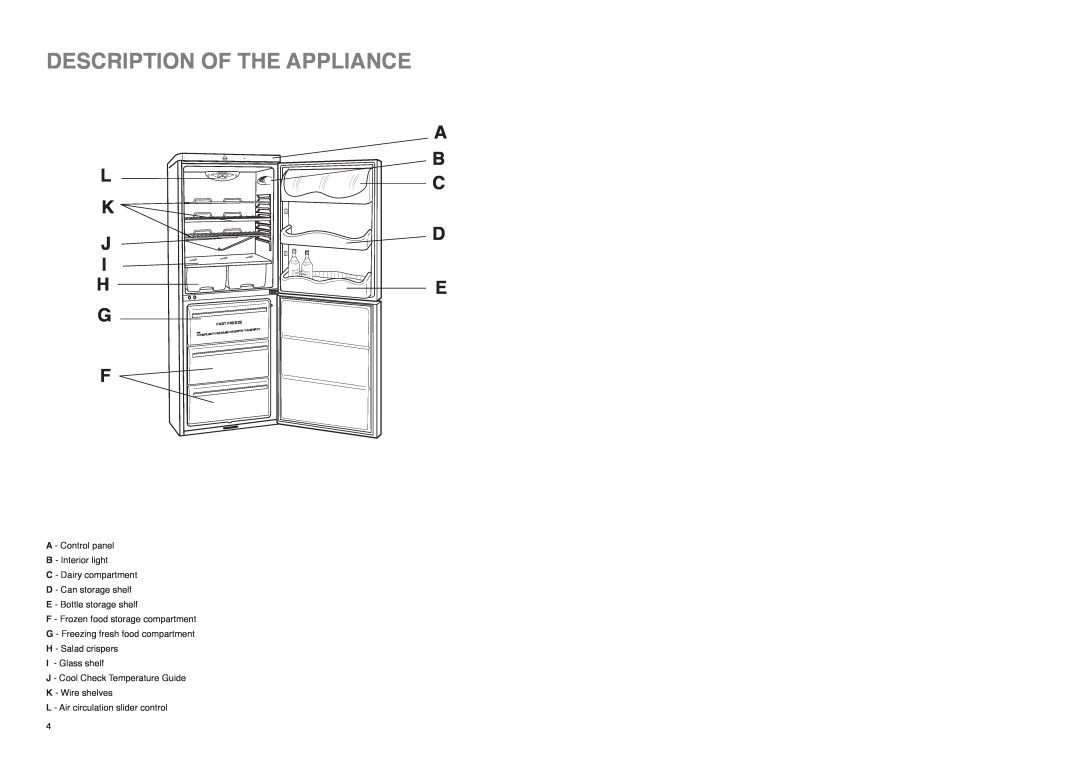 Zanussi ZX 57/3 SA, ZX 57/3 W manual Description Of The Appliance, L K J I H G F, A B C D E, Fast, Freeze, Cool Flow System 