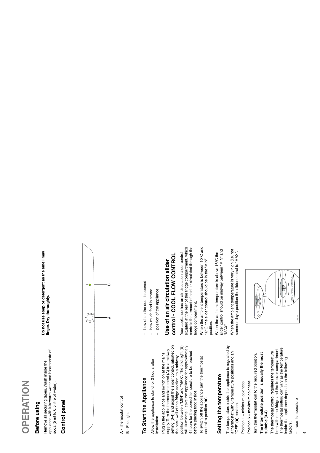 Zanussi ZX55/4W, ZX55/4SI manual Operation, Before using, Control panel, To Start the Appliance, Setting the temperature 