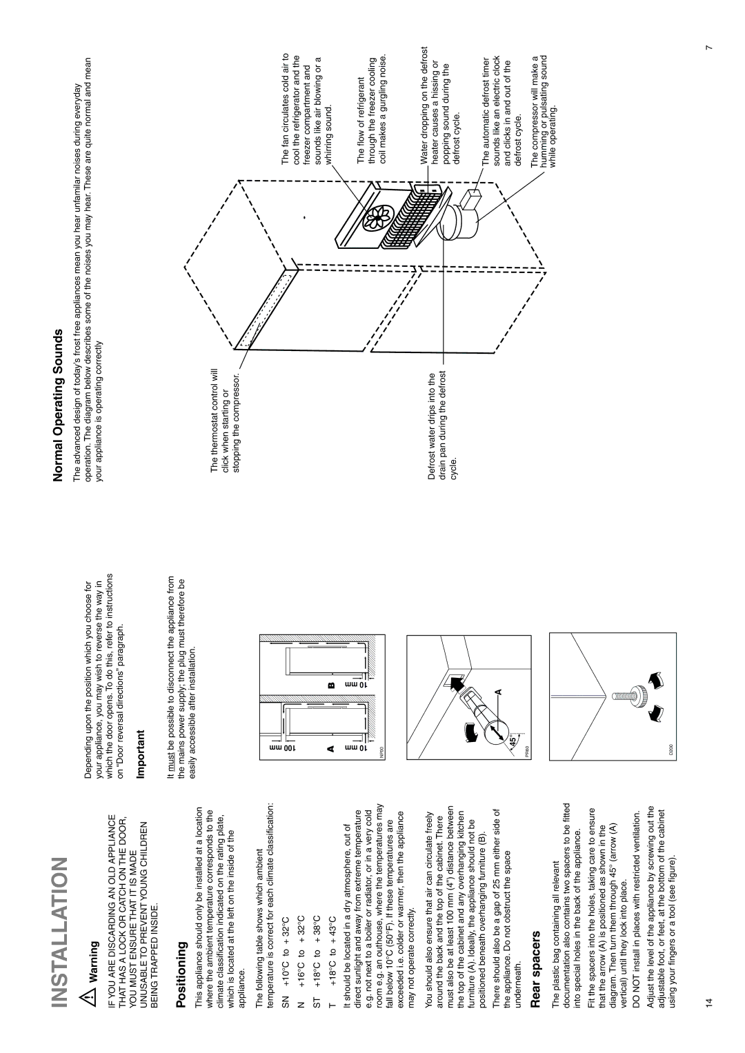 Zanussi ZX55/4SI, ZX55/4W manual Installation, Positioning, Normal Operating Sounds, Rear spacers 