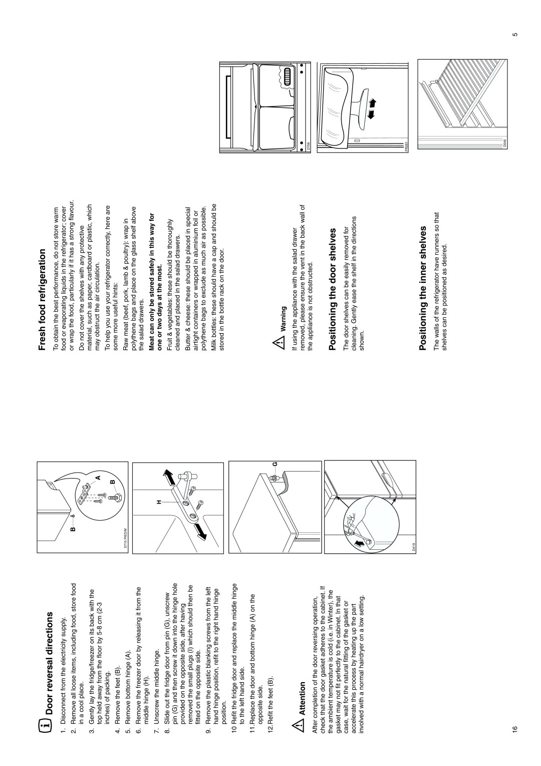 Zanussi ZX55/4SI, ZX55/4W manual Door reversal directions, Fresh food refrigeration, Positioning the door shelves 
