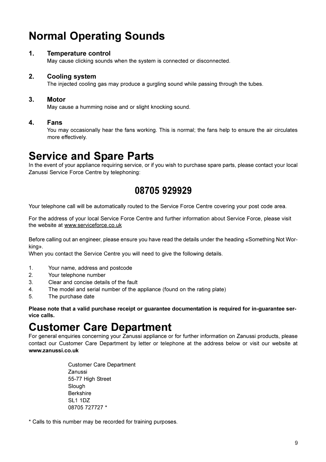 Zanussi ZX99/3, ZX99/5, ZX97/5 manual Normal Operating Sounds, Service and Spare Parts, Customer Care Department 