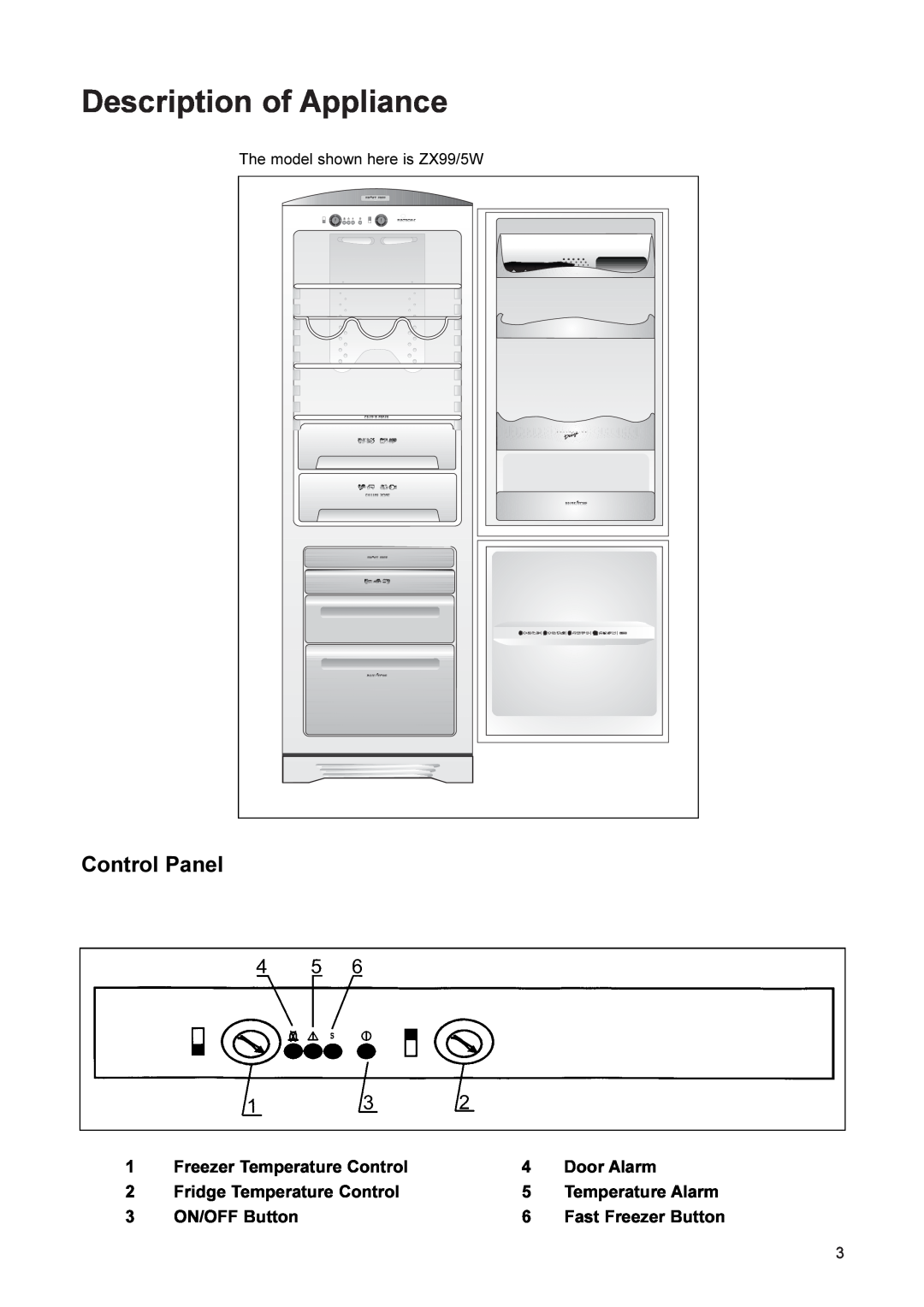 Zanussi ZX99/3 Description of Appliance, Control Panel, Freezer Temperature Control, Door Alarm, Temperature Alarm, 3 6 