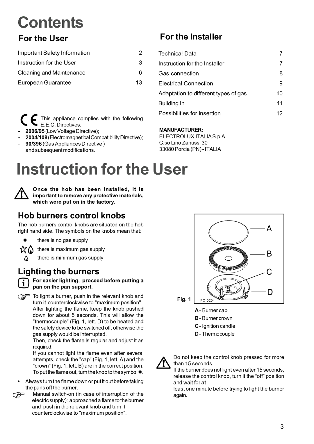 Zanussi ZXS 646 IT manual Contents, Instruction for the User 