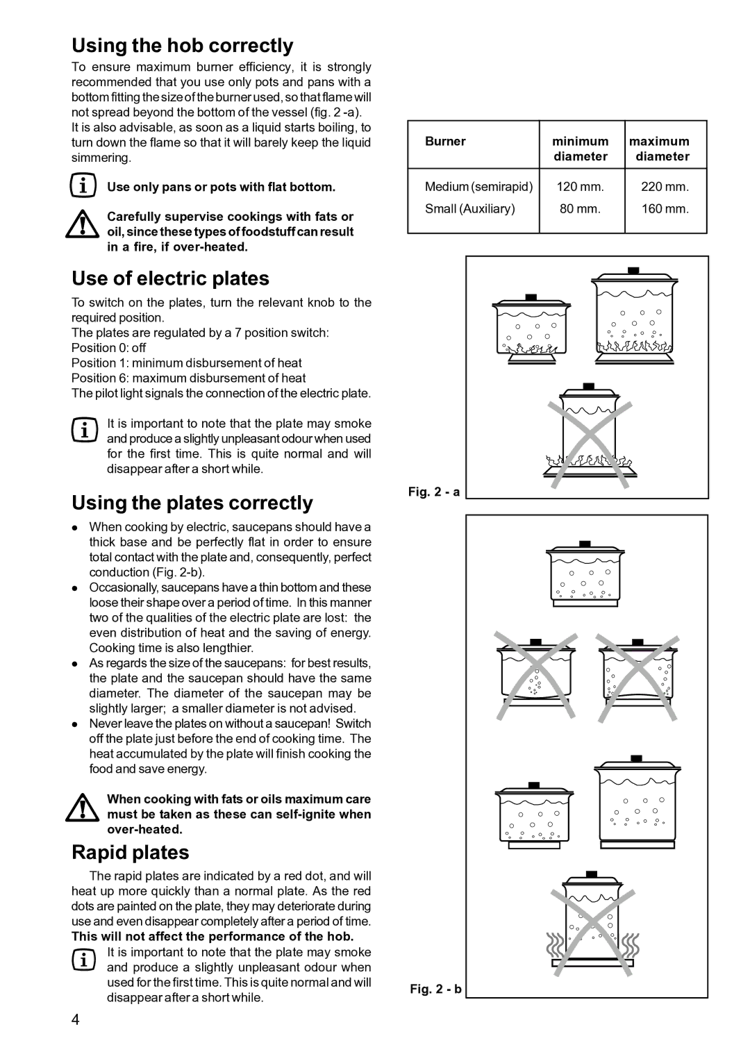 Zanussi ZXS 646 IT manual Using the hob correctly, Use of electric plates, Using the plates correctly, Rapid plates 