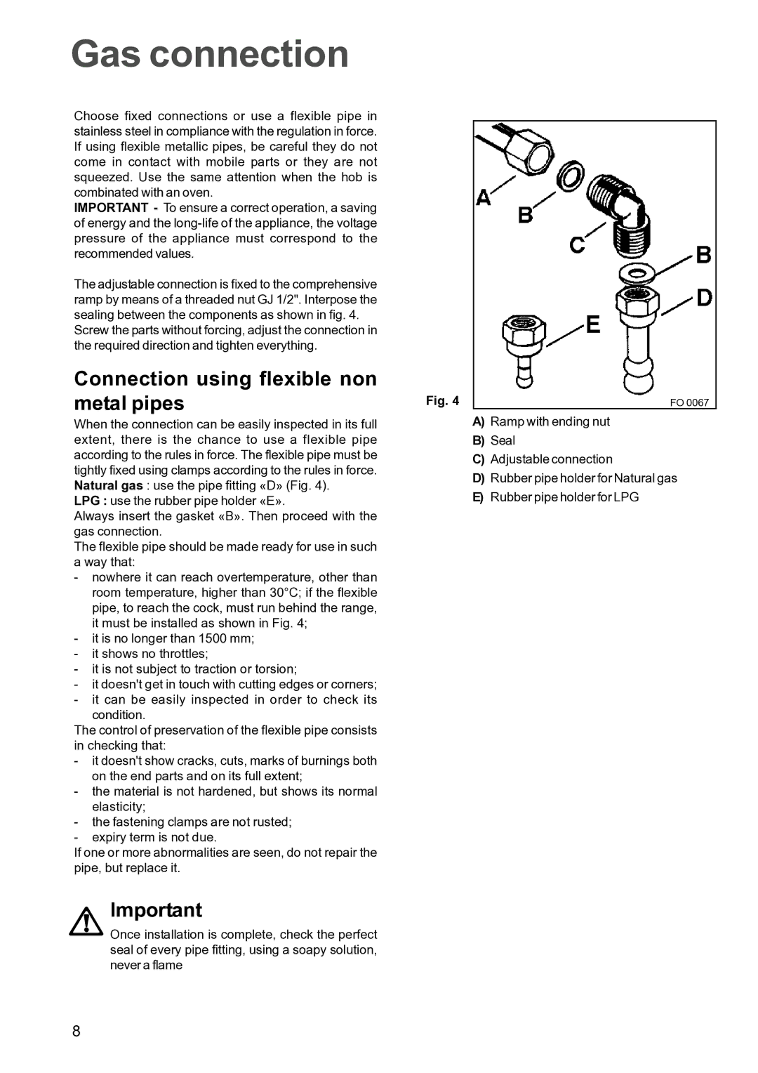 Zanussi ZXS 646 IT manual Gas connection, Connection using flexible non Metal pipes 