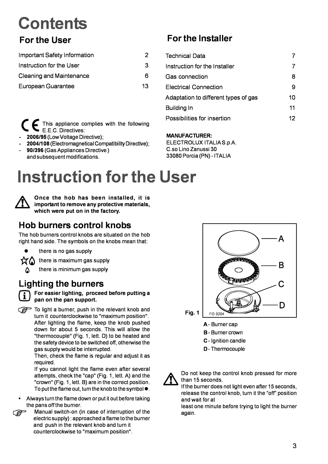 Zanussi ZXS 646 IT manual Contents, Instruction for the User, For the User, For the Installer, Hob burners control knobs 