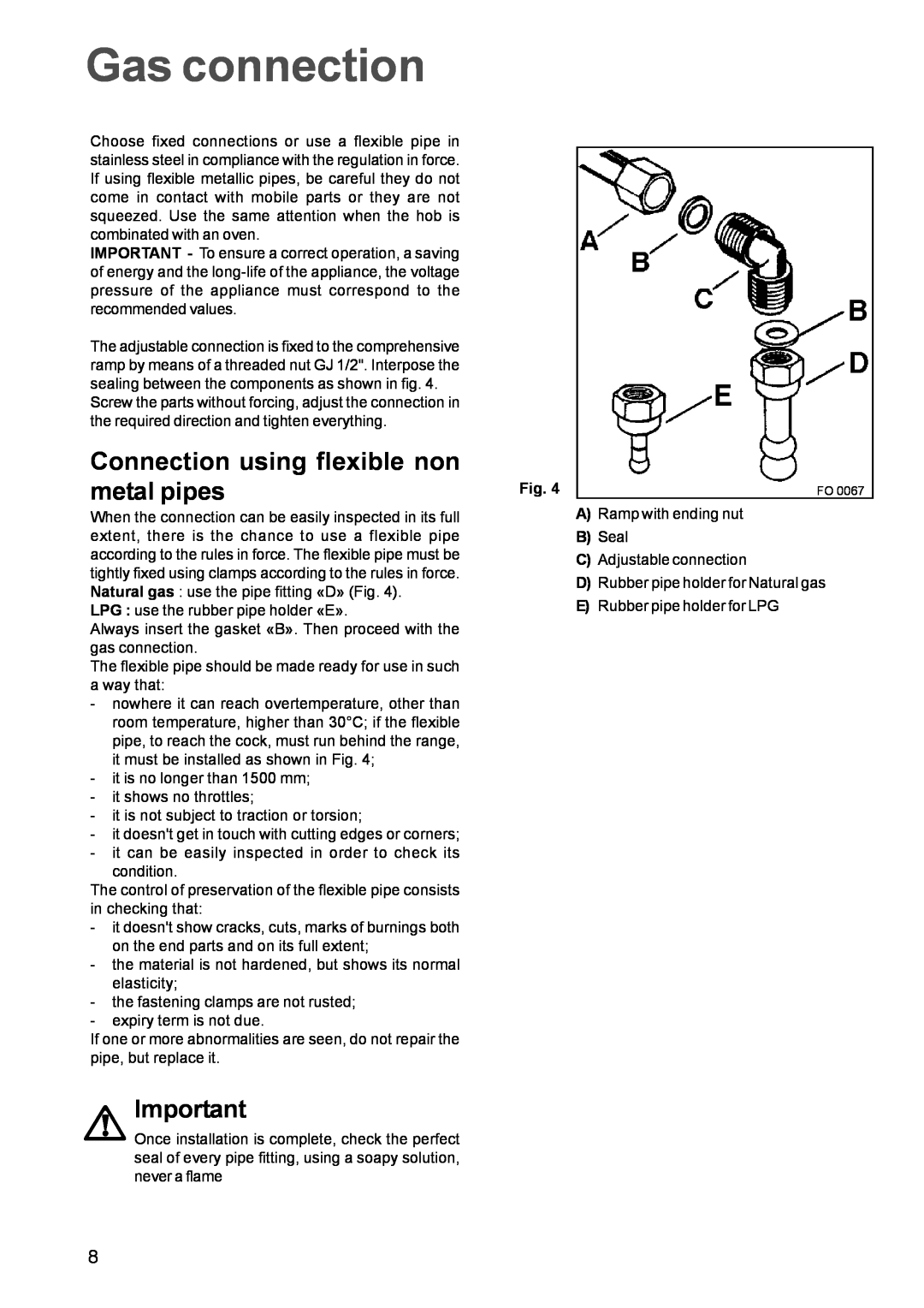 Zanussi ZXS 646 IT manual Gas connection, Connection using flexible non, metal pipes 