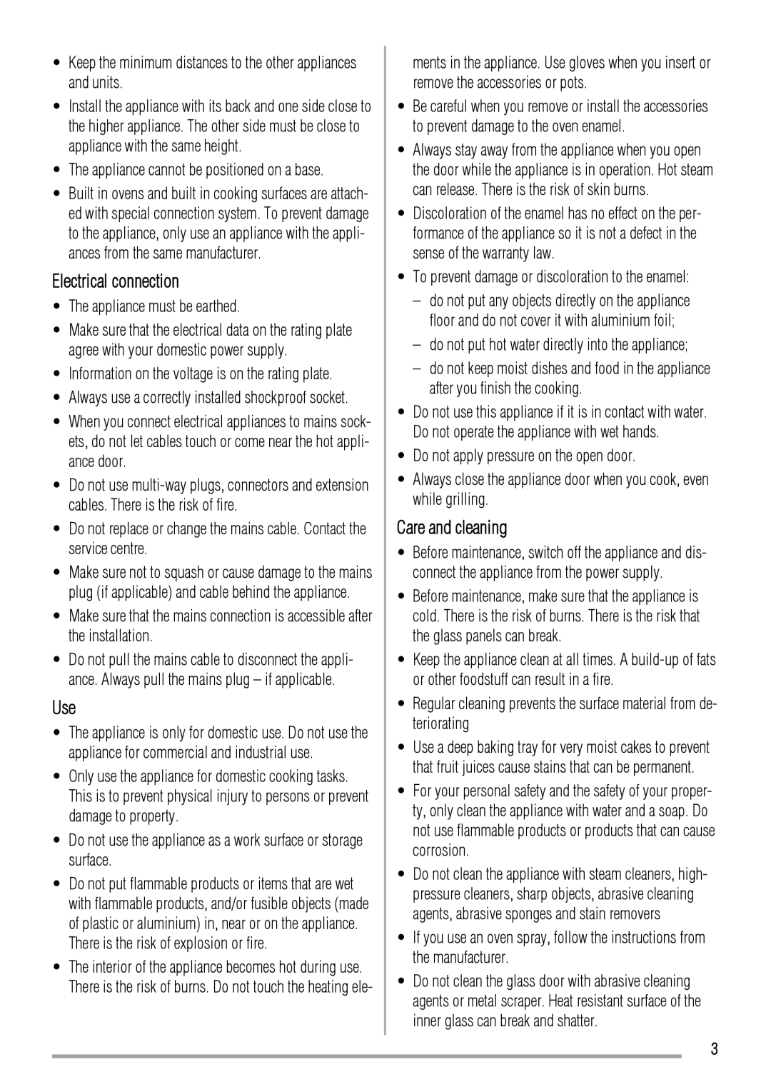 Zanussi ZYB 460 manual Electrical connection, Use, Care and cleaning, Appliance must be earthed 