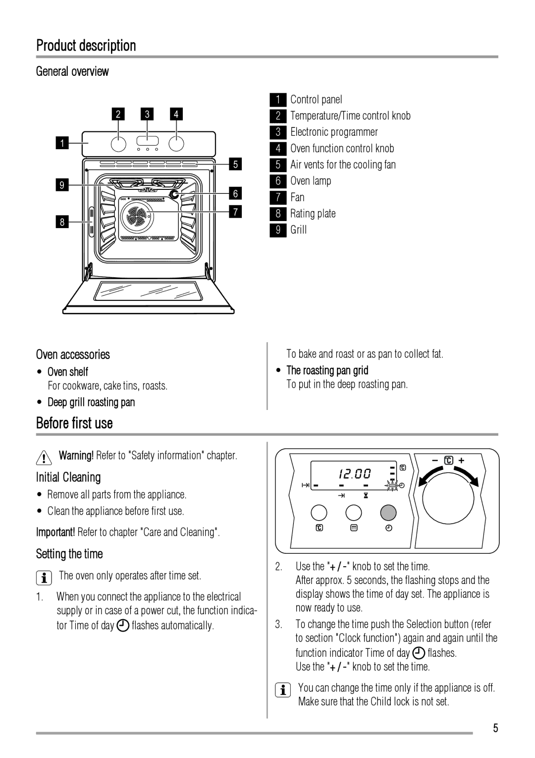 Zanussi ZYB 460 manual Product description, Before first use, General overview Oven accessories, Initial Cleaning 