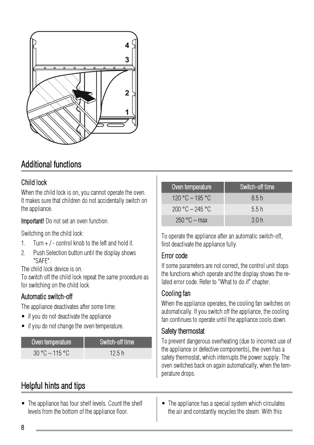 Zanussi ZYB 460 manual Additional functions, Helpful hints and tips 