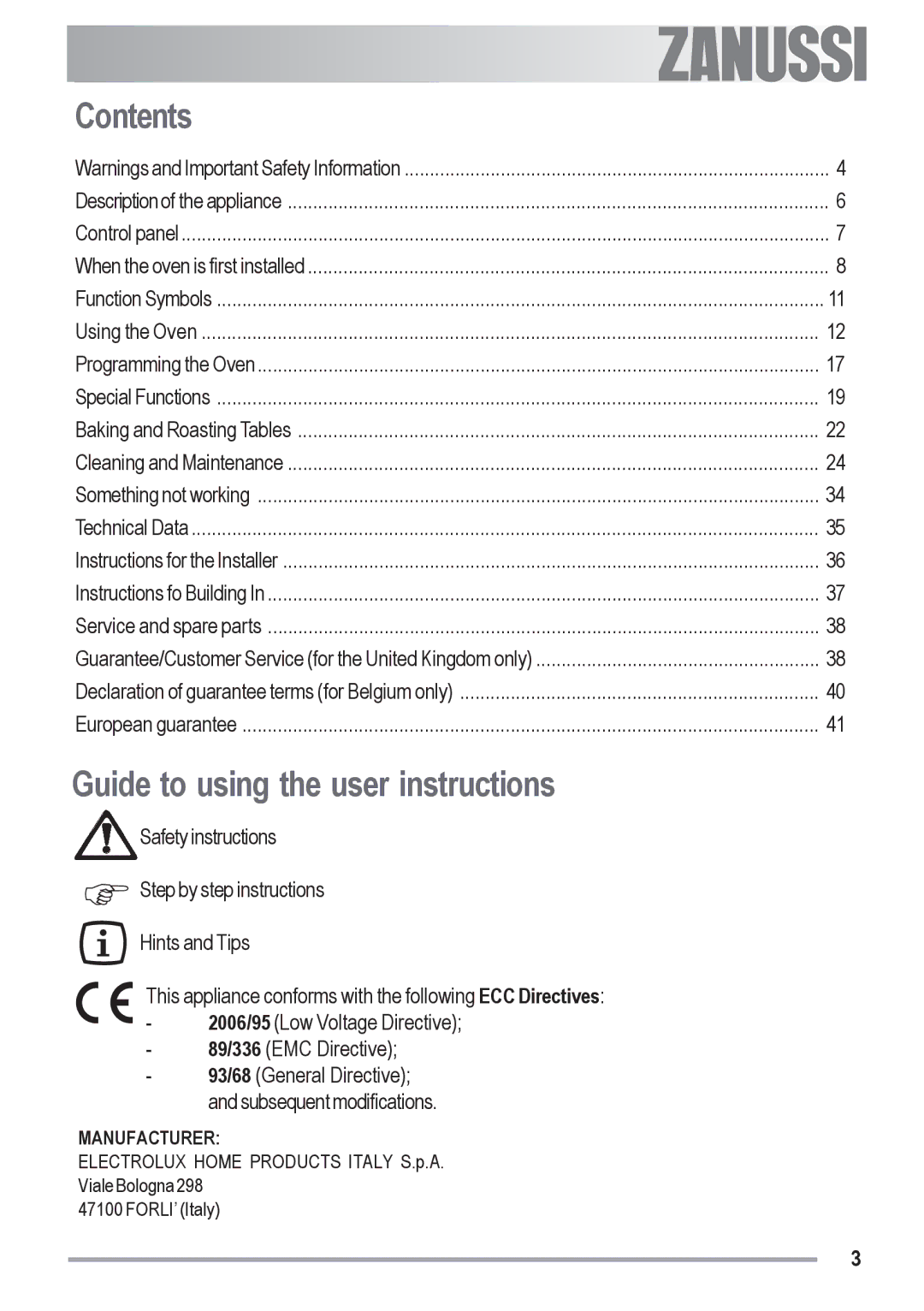 Zanussi ZYB 590 XL, ZYB 591 XL manual Contents, Guide to using the user instructions 