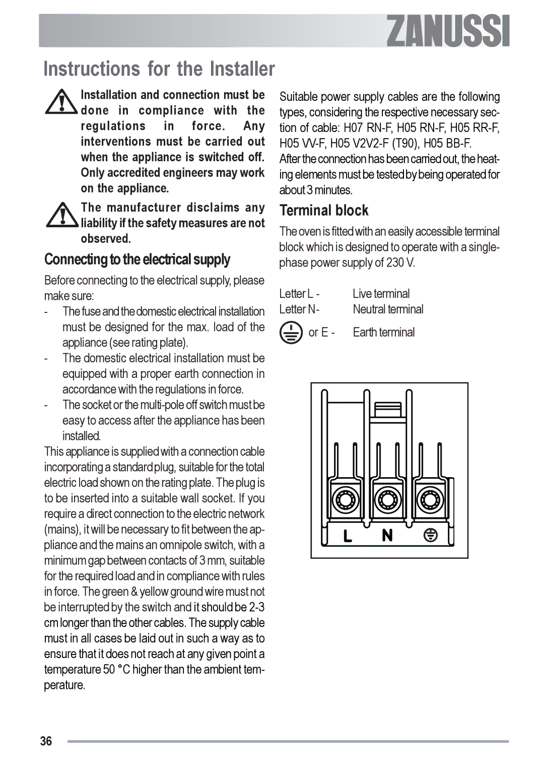 Zanussi ZYB 591 XL, ZYB 590 XL manual Instructions for the Installer, Connecting to the electrical supply, Terminal block 