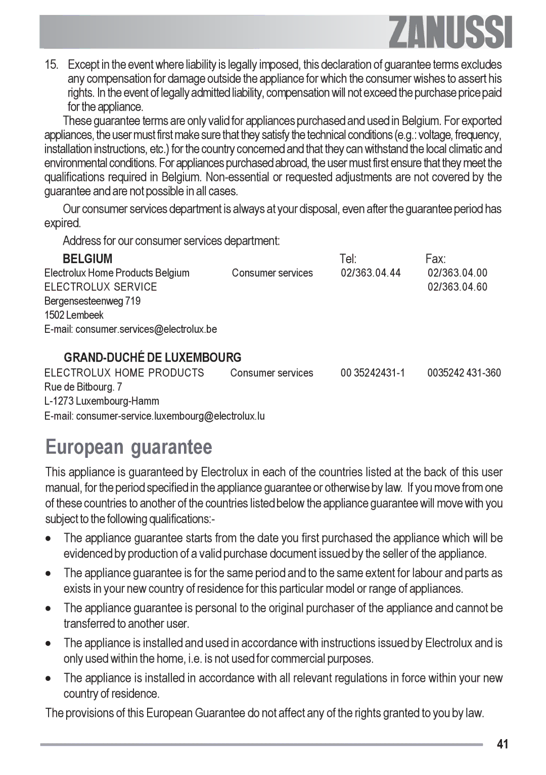 Zanussi ZYB 590 XL, ZYB 591 XL manual European guarantee, Belgium 