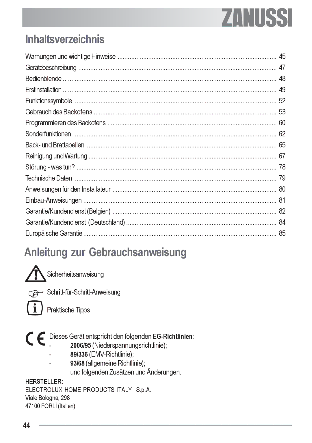 Zanussi ZYB 591 XL, ZYB 590 XL manual Inhaltsverzeichnis, Anleitung zur Gebrauchsanweisung, Electrolux 