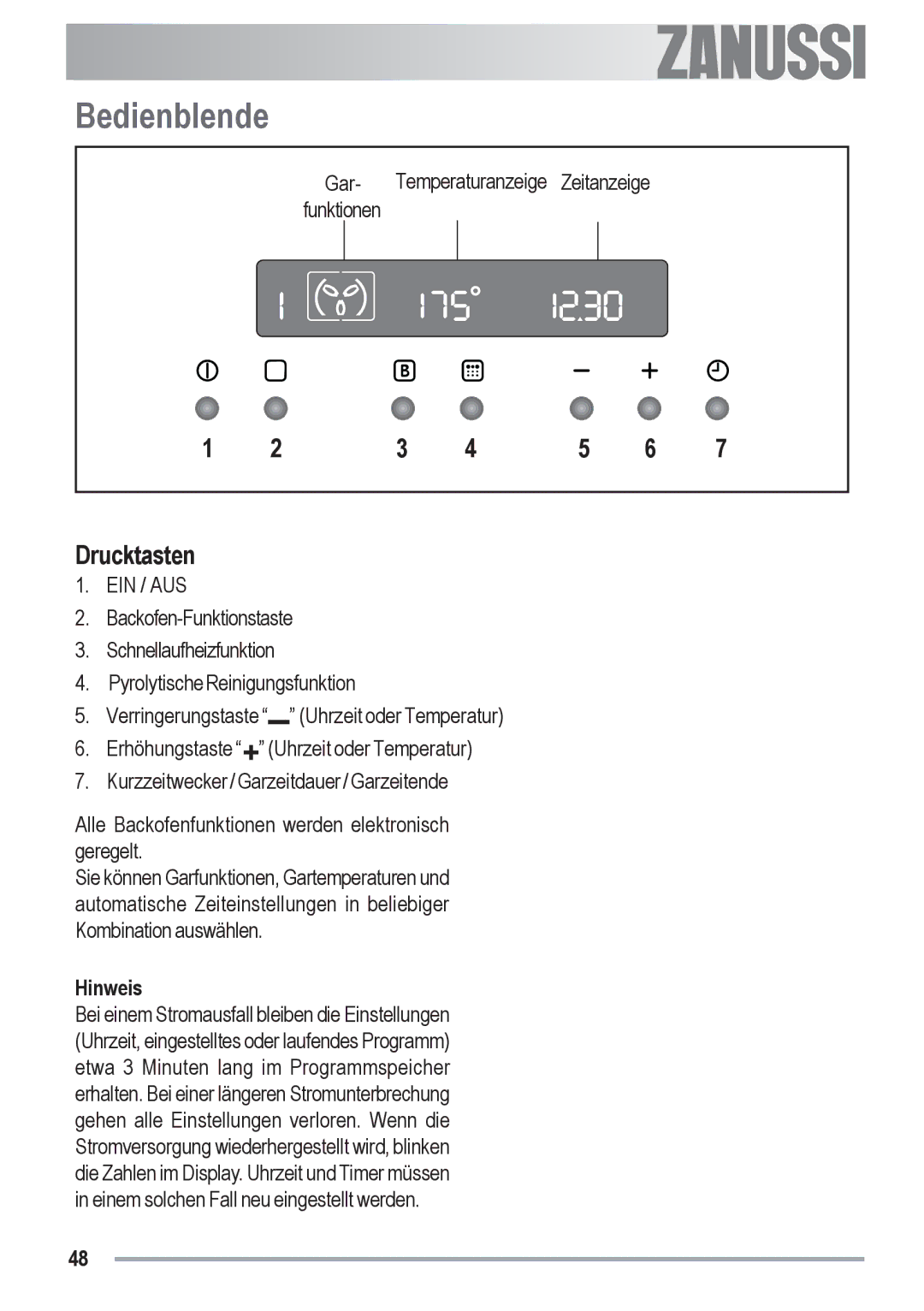 Zanussi ZYB 591 XL, ZYB 590 XL manual Bedienblende, Drucktasten, Hinweis 