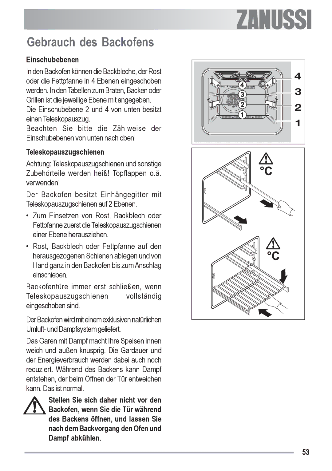 Zanussi ZYB 590 XL, ZYB 591 XL manual Gebrauch des Backofens, Einschubebenen, Teleskopauszugschienen 