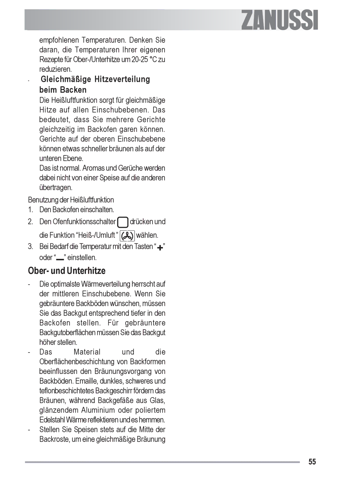 Zanussi ZYB 590 XL, ZYB 591 XL manual Ober- und Unterhitze, Gleichmäßige Hitzeverteilung beim Backen 