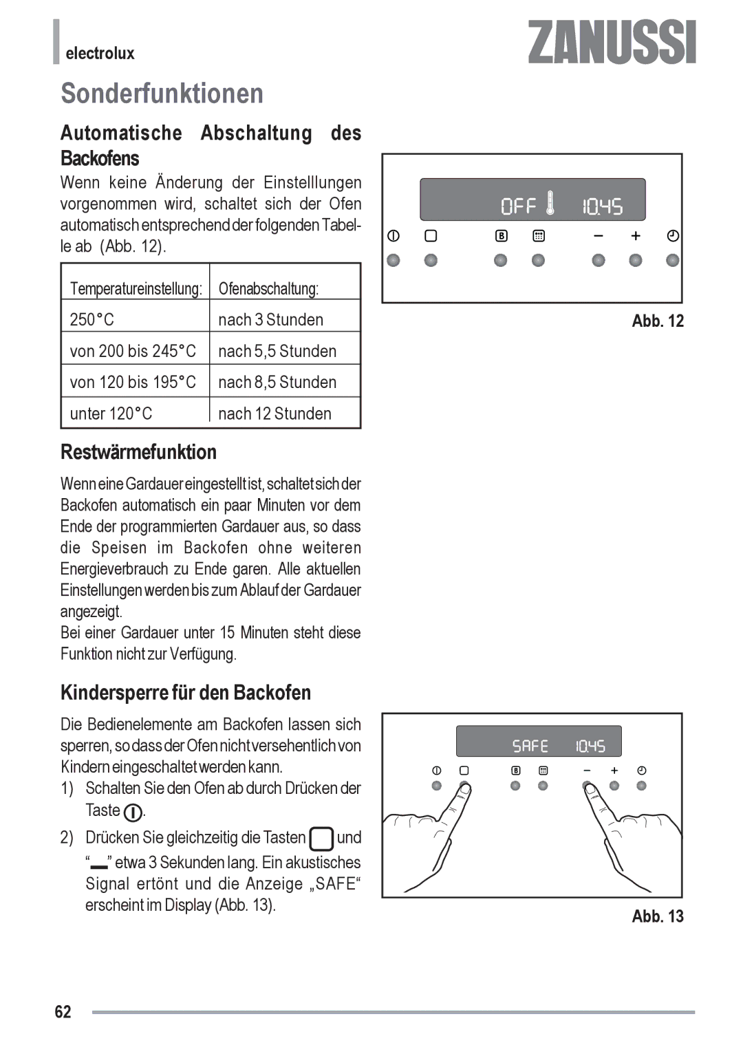 Zanussi ZYB 591 XL, ZYB 590 XL manual Sonderfunktionen, Automatische Abschaltung des Backofens, Restwärmefunktion 