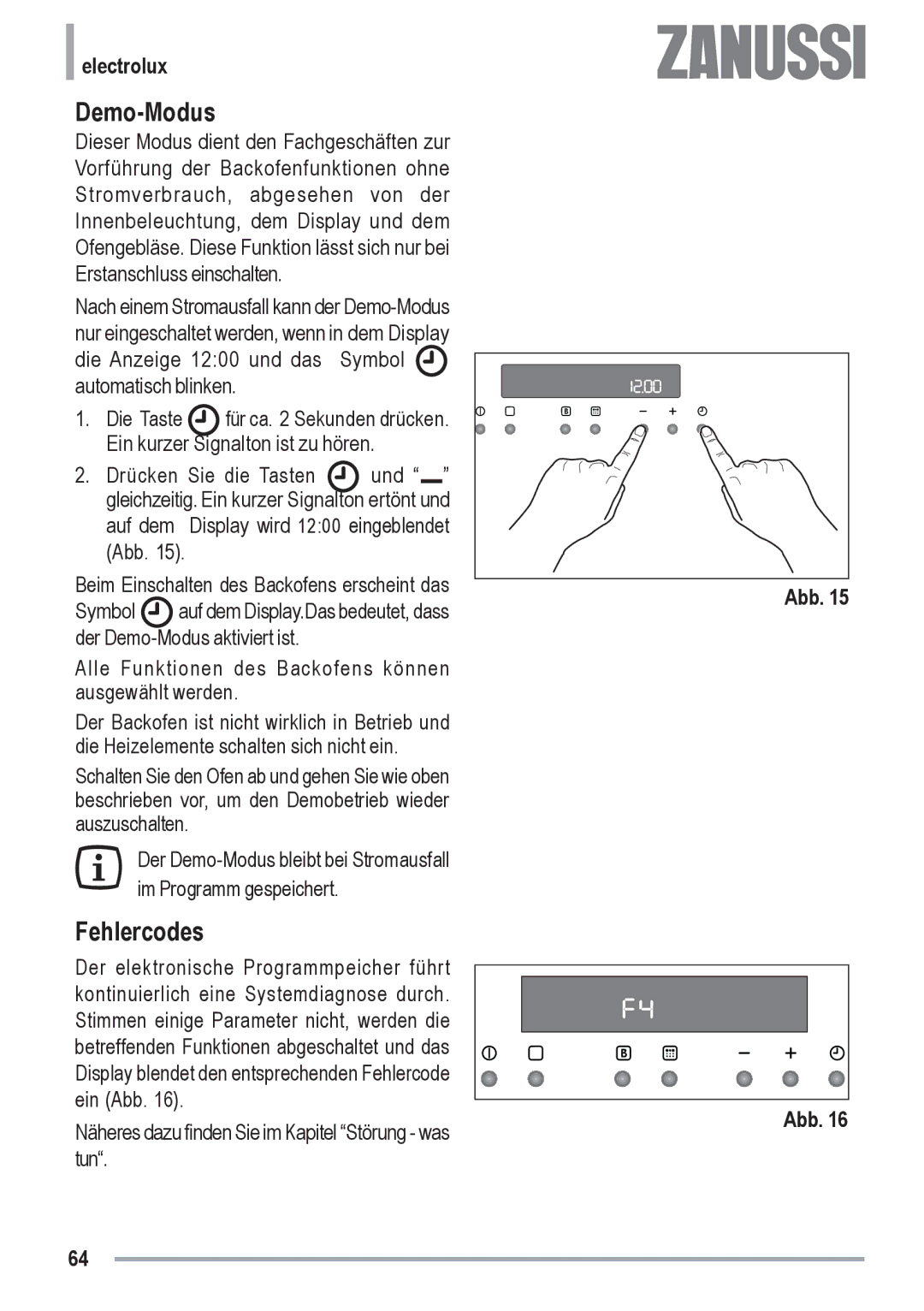 Zanussi ZYB 591 XL, ZYB 590 XL manual Demo-Modus, Fehlercodes 