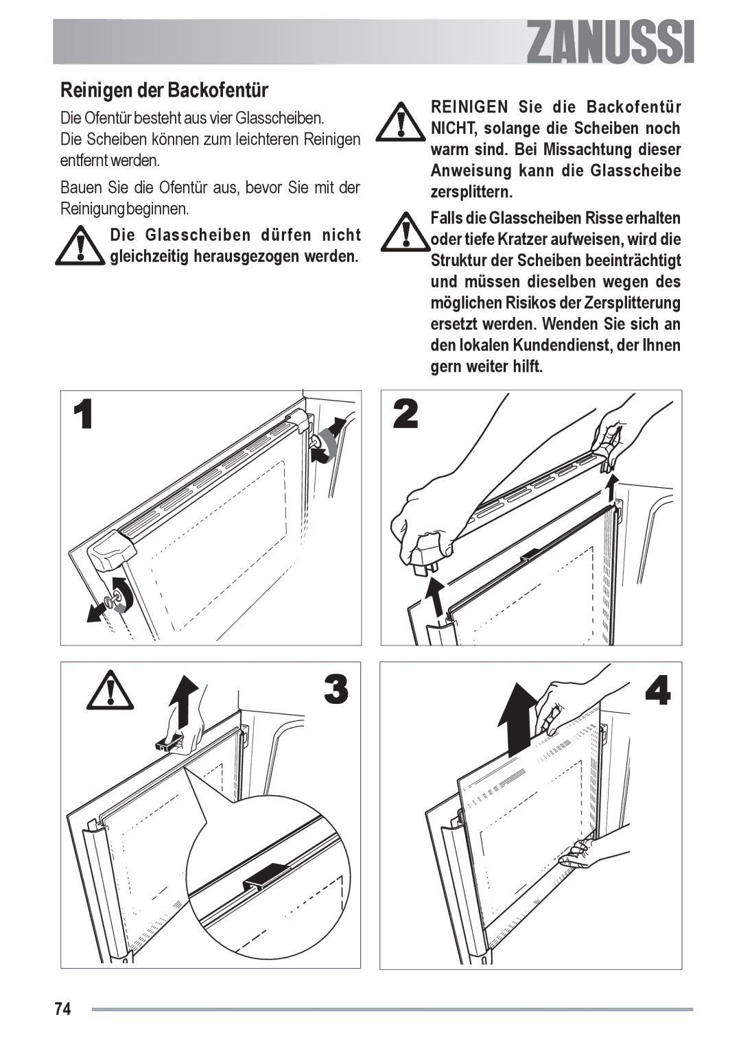 Zanussi ZYB 591 XL, ZYB 590 XL manual Reinigen der Backofentür 