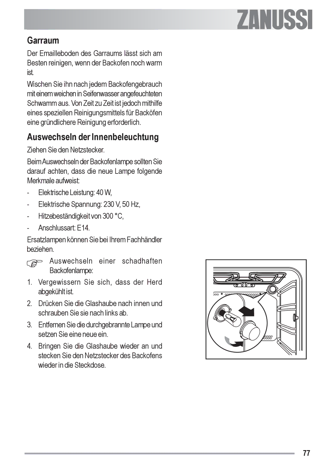 Zanussi ZYB 590 XL, ZYB 591 XL manual Garraum, Auswechseln der Innenbeleuchtung 