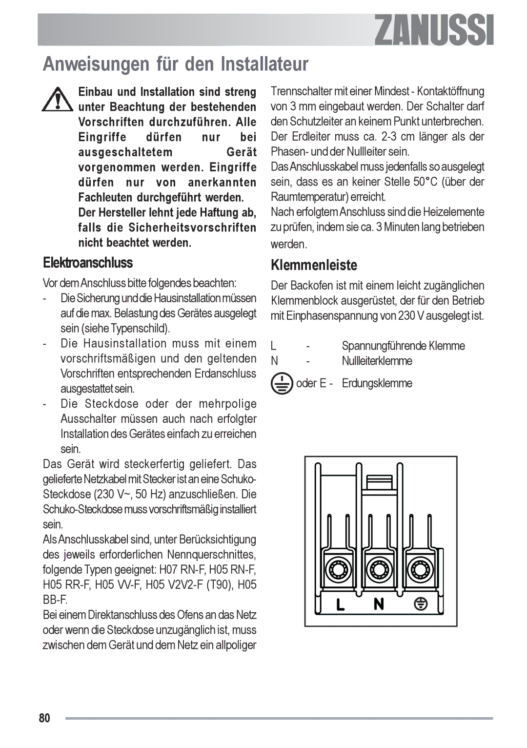 Zanussi ZYB 591 XL, ZYB 590 XL manual Anweisungen für den Installateur, Elektroanschluss, Klemmenleiste 